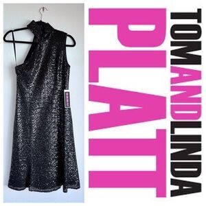 NWT Tom and Linda Platt Stretch Sequin Asymmetrical Halter Dress in Black Size 6